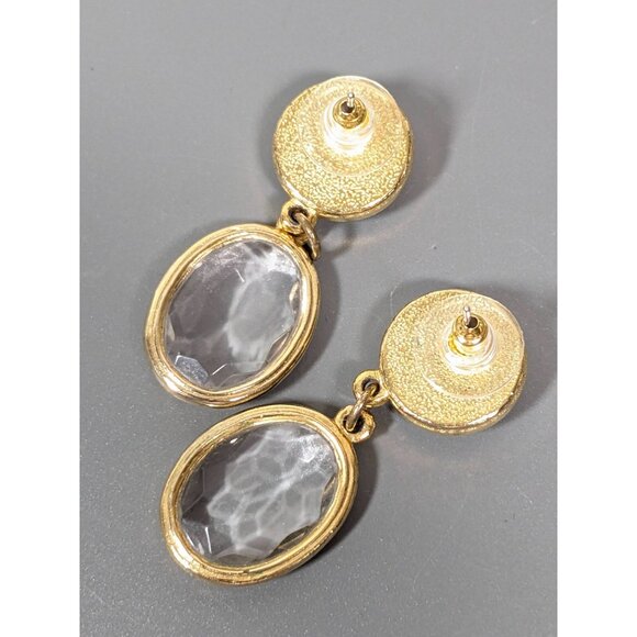 Vintage Gold Tone Faceted Oval Acrylic Bezel Faux Pearl Drop Pierced Earrings - Picture 7 of 10
